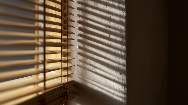Sunlight filter through wooden window blinds cast dramatic parallel shadows on a textured wall, creating an aesthetic abstract light pattern