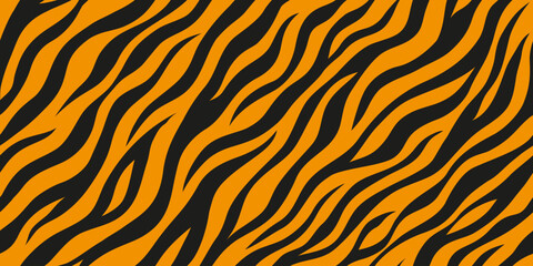 Naklejka premium Orange black striped tiger skin pattern. Tropical wild animal skin texture for print, fabric, textile, wrapping paper, background, wallpaper.
