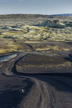 Unpaved road leads through moss-covered Laki Crater or Lakag&iacute;gar, Crater Row, Highlands, South Iceland, Su&eth;urland, Iceland