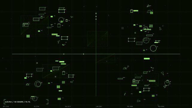 Futuristic Green HUD Interface Displaying Particle Physics Telemetry and Data Visualisation on Dark Background