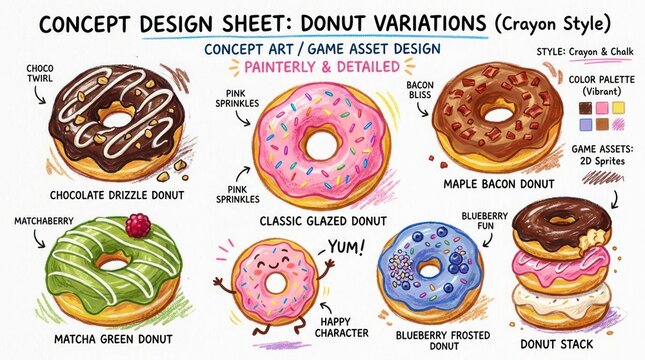 Delicious Donut Variations Concept Design Sheet with Colorful Glazes and Sprinkles.