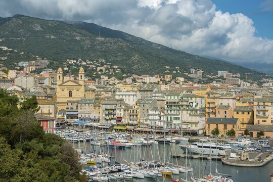 Old port, Vieux port, Port de Plaisance, marina with the church Saint Jean Baptiste, Bastia, Haute-Corse, North Coast, Corsica, France