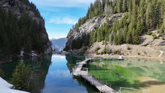 Nature view of lake Lac de la Rosiere by spring in Courchevel ski resort, French alps	