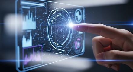 Fototapeta premium Finger interacting with futuristic digital interface.