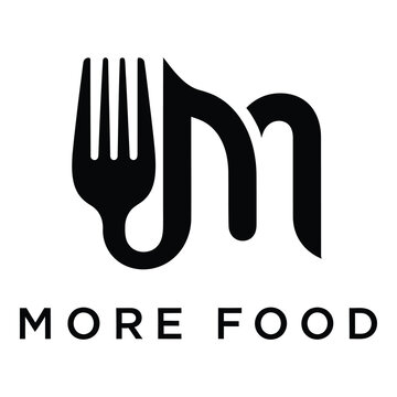 Black fork and letter m logo with more food text icon