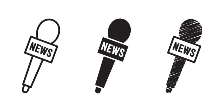 News microphone icons set, reporter microphone for interviews press conferences, broadcast journalism vector illustration icon collection flat design style isolated