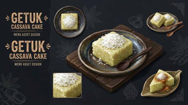 Delicious Getuk Cassava Cake with Coconut Flakes on Dark Background.
