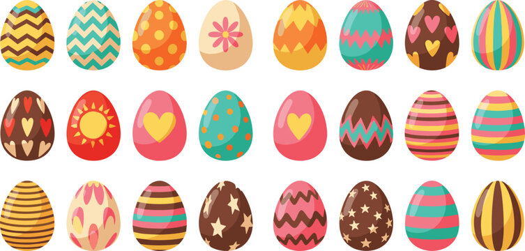 Large collection of colorful Easter egg vectors decorated with diverse patterns including zigzags stars hearts and floral motifs isolated on a white background.