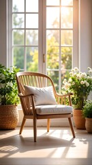 Obraz premium Sunlit interior features a wooden chair, white cushion, and surrounding potted plants. A large window provides a view of a lush green outdoors
