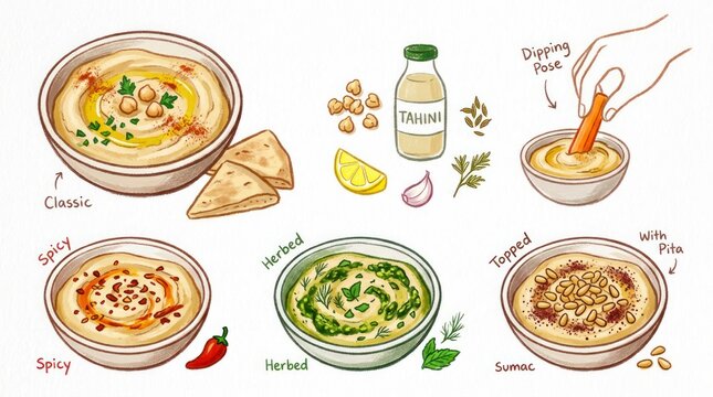 Delicious Hummus with Various Toppings and Ingredients in Artistic Illustration.
