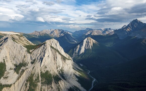 Mountain landscape with river valley and peaks, peaks with orange sulphur deposits, panoramic view, Nikassin Range, near Miette Hotsprings, Sulphur Skyline, Jasper National Park, Alberta, Canada