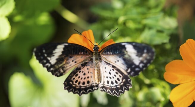 Brown or scarlet peacock (Anartia amathea) on flower, captive