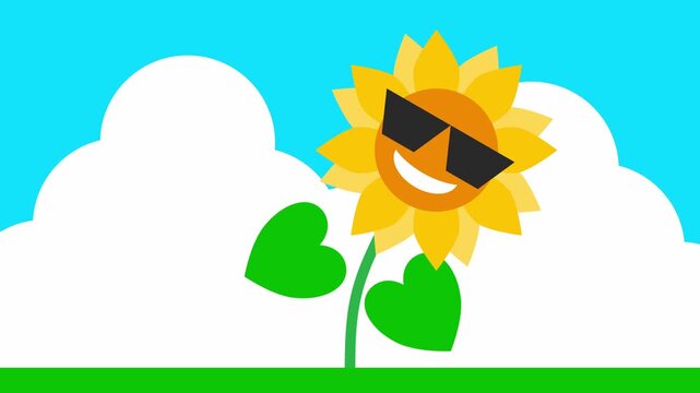 Animation of a dancing sunflower wearing sunglasses against a summer sky background