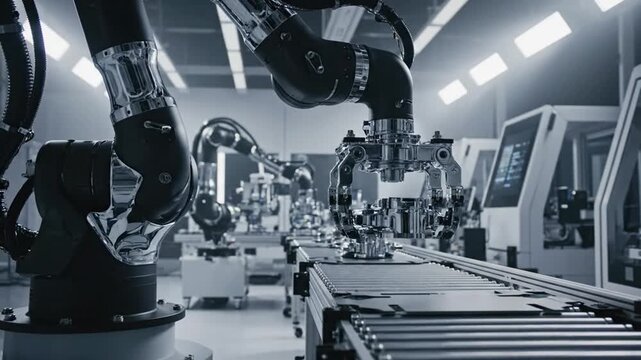 Robotic arms in a futuristic factory assembly line