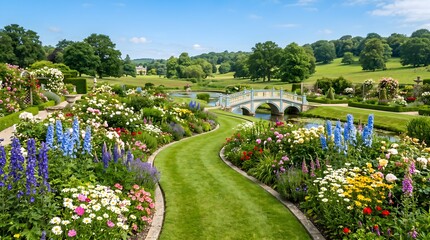 Obraz premium Sunlit estate landscape with a serpentine grass avenue bordered by exuberant flower beds of roses, delphiniums and daisies leading toward a stately multi‑arched bridge, beyond which soft green hills a