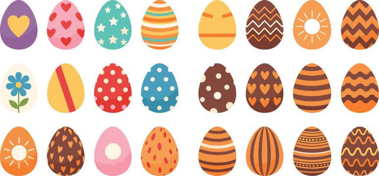 Collection of colorful Easter egg vectors featuring various patterns including stripes polka dots hearts stars and floral designs isolated on a white background.