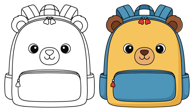 Backpack with adorable bear face in playful school style as a fun coloring page illustration