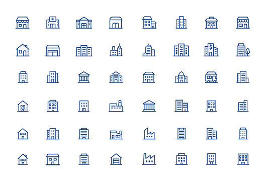 Minimalist building icons for web and mobile apps: editable stroke vector illustrations featuring shop, hospital, school, mall, real estate, shopping, commercial, urban design and more.