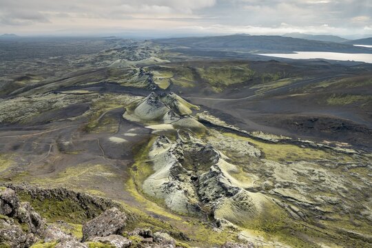 Aerial view, Laki crater, Laki crater series, eruption fissure, Icelandic highlands, Southern Iceland, Iceland
