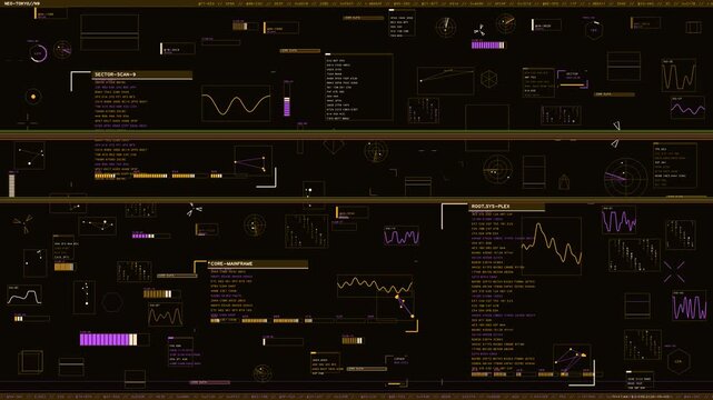 Amber sci-fi HUD interface displaying tactical telemetry sector scans and core mainframe data visualization