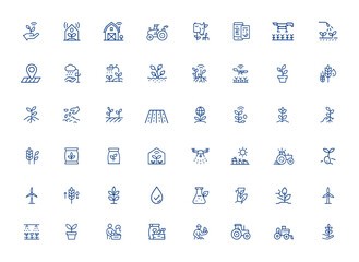 Fototapeta premium Smart farming vector icons: modern agriculture outline symbols for gardening, seeding, farm, editable stroke, precision agriculture, sustainable farming, crop management, agritech and more.