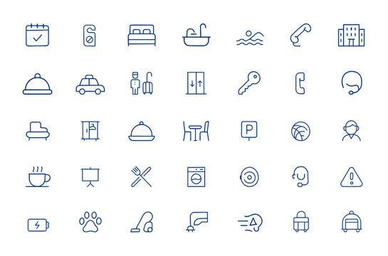 Minimalist hotel service icon pack featuring editable vector illustrations of booking, room, bath, swimming, hotel amenities, and more&mdash;ideal for logos, infographics, hospitality, travel, accommodation