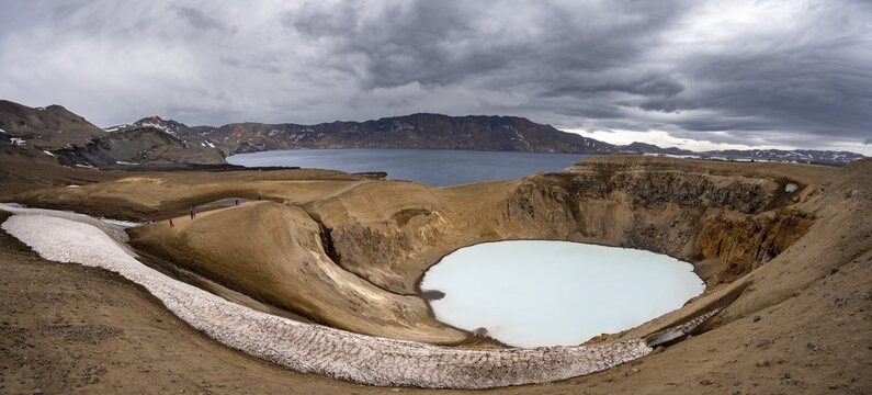 Crater lake V&iacute;ti and &Ouml;skjuvatn in the crater of the Askja volcano, volcanic landscape, Dyngjufj&ouml;ll mountain massif, Icelandic highlands, Vatnaj&ouml;kull National Park, Iceland