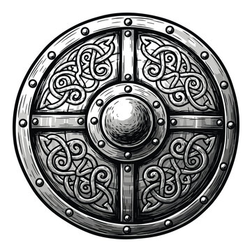 Ornate round shield with Celtic knot design ideal for historical game and warrior emblem graphics
