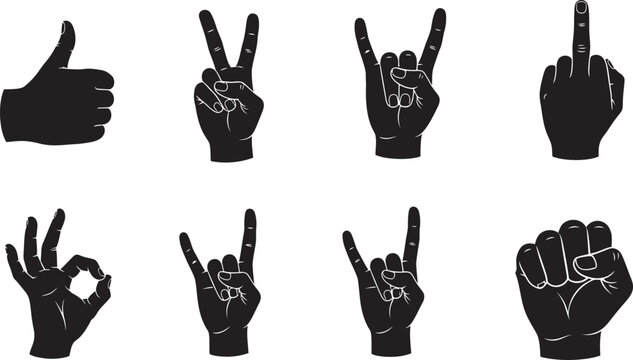 Set of human hand gestures showing different signals like thumbs up peace sign rock on middle finger ok sign and fist