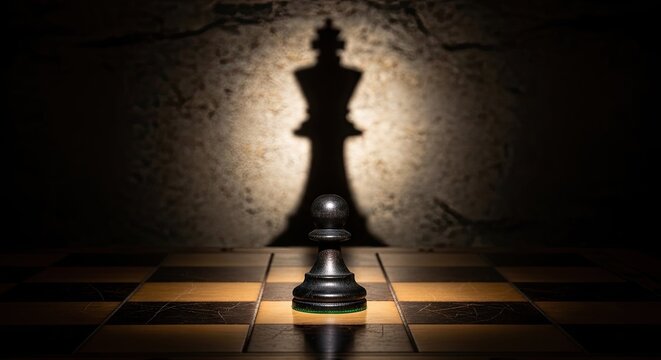 Black chess pawn casting a large king shadow on the dark wall