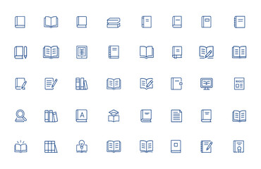Obraz premium Thin line book icons for education, study, reading, learning, publishing, magazine, and knowledge. Minimal editable vector symbols perfect for web, e-learning, library, school and more.