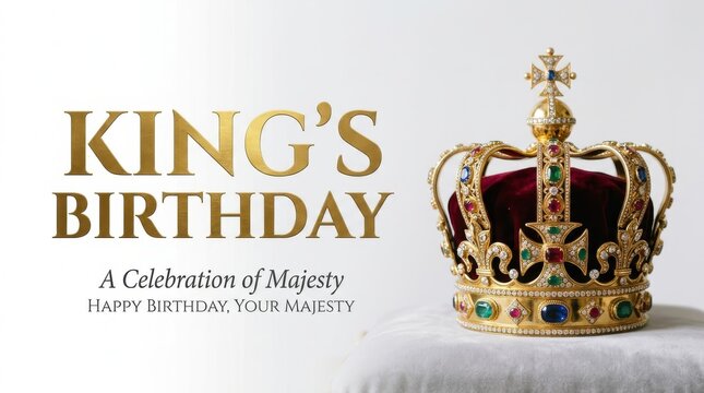 King's Birthday celebration card with royal gold crown, majestic jewelry and velvet regalia, elegant invitation for a celebration of majesty