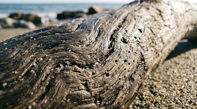 close-up weathered driftwood texture on sandy beach with natural sunlight