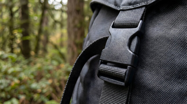 close-up of durable hiking backpack strap in autumn forest setting