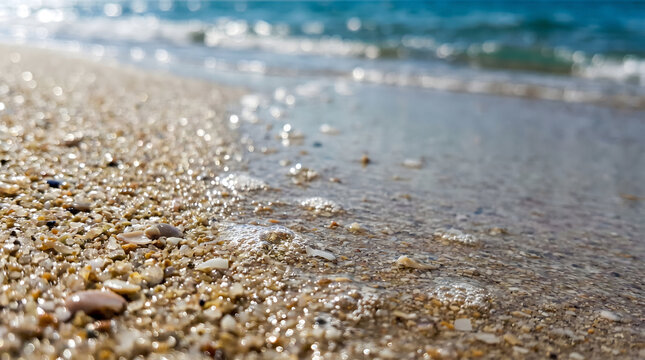 close-up wet sandy beach texture with tiny pebbles and water reflection
