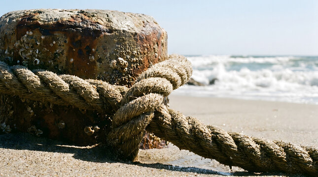 weathered rope tied to concrete block on sandy beach by ocean waves