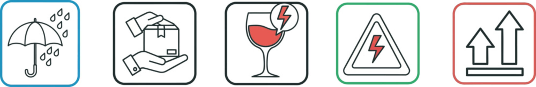 Set of shipping and handling instruction icons including keep dry umbrella package fragile glass warning sign and this side up arrows for package delivery labels