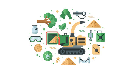 Naklejka premium Flat Vector Illustration of Industrial Wood Chipper Machine and Forestry Equipment Icons for Landscaping and Recycling
