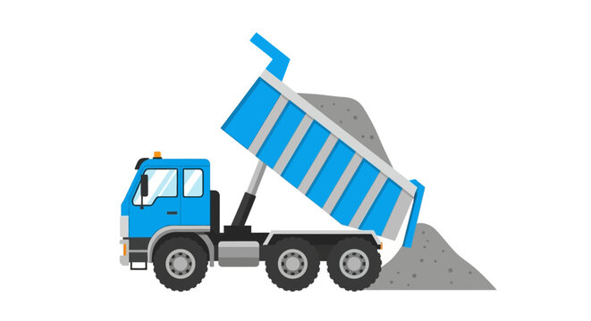Blue Dump Truck Vector Illustration Unloading Gravel on White Background - Flat Design Tipper Truck for Construction and Industrial Logistics
