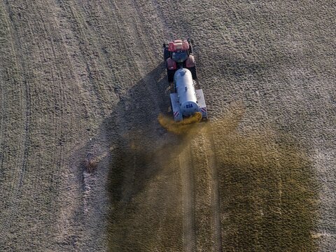 Tractor, slurry tank, manure, agriculture, aerial view, foothills of the Alps, Bavaria, Germany