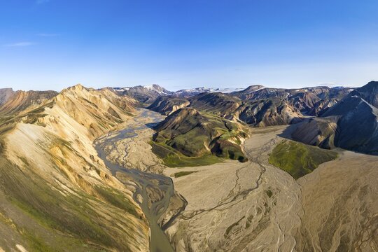 Aerial view, Mountain landscape with meandering river J&ouml;kulgilskv&iacute;sl, rhyolite mountains, Landmannalaugar region, Icelandic highlands, Iceland