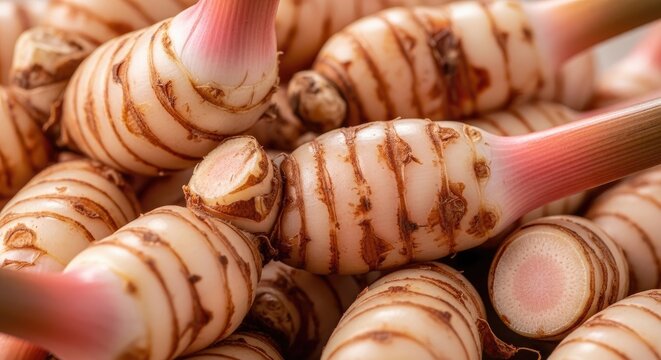 Fresh galangal rhizomes displayed in a pile for healthy culinary use