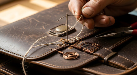Obraz premium Close-up of skilled hands meticulously repairing a worn leather bag with needle and thread, showcasing craftsmanship