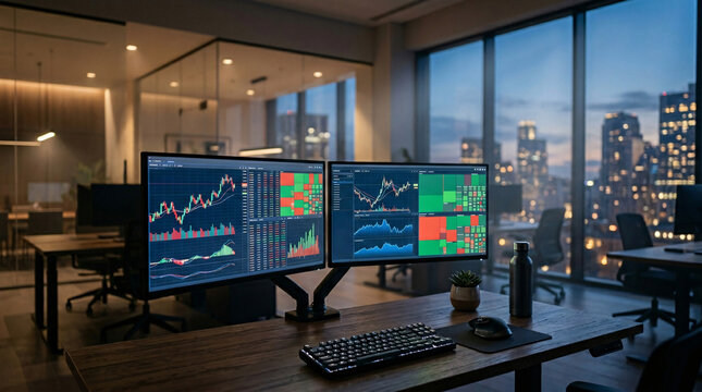 Trader Using Multi Monitor Setup During Nighttime Financial Data Tracking