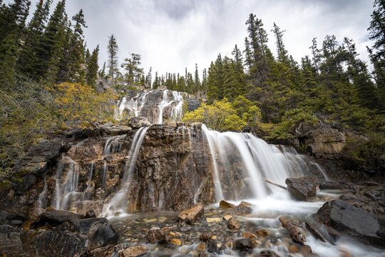 Waterfall Tangle Creek Falls, in autumn, Jasper National Park, Alberta, Canada