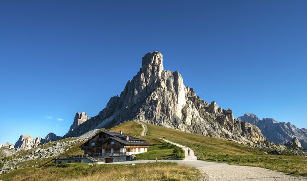 Hut on the summit of La Gusela at Passo Giau, Dolomites, South Tyrol, Trentino-Alto Adige, Italy