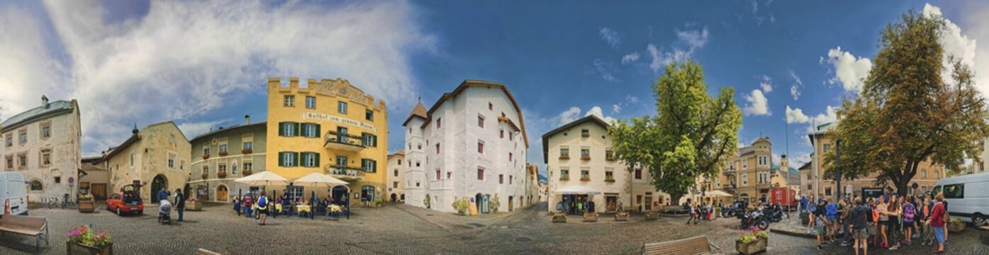 360&deg; panorama of the town square of Glurns, Glorenza, South Tyrol, Trentino-Alto Adige, Italy