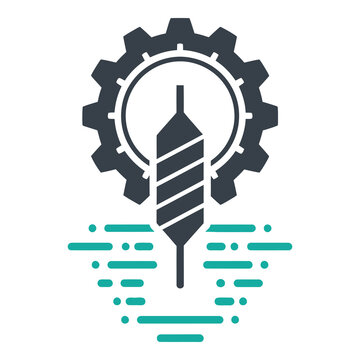 Grey gear icon with drill bit and green abstract lines on white background icon