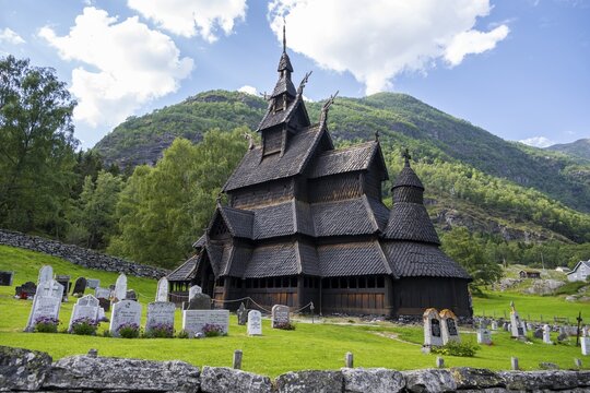Borgund Stave Church and cemetery, Romanesque church from c. 1180, Vestland, Norway