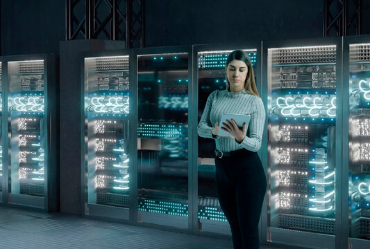 3D server room tablet with engineer in glowing data center